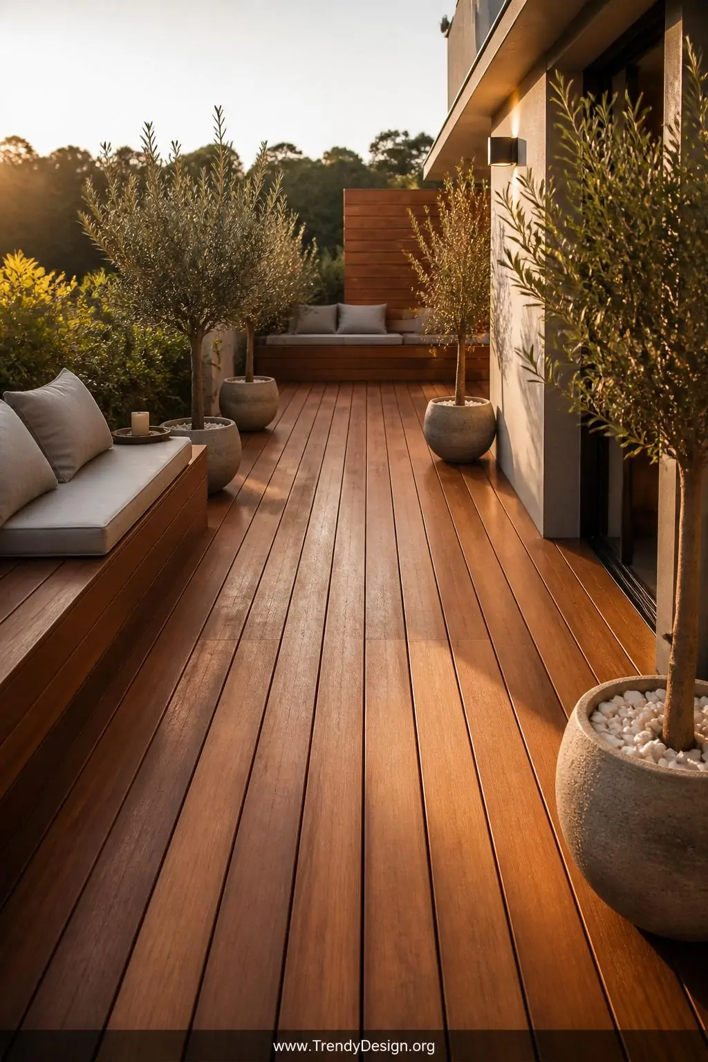 Rich teak hardwood timber decking boards laid in long straight parallel runs on a warm residential terrace, deep honey-brown grain close in texture, teak oil finish gleaming, flanked by low wooden bench seating and potted olive trees, golden hour light, medium shot, photorealistic interior design.