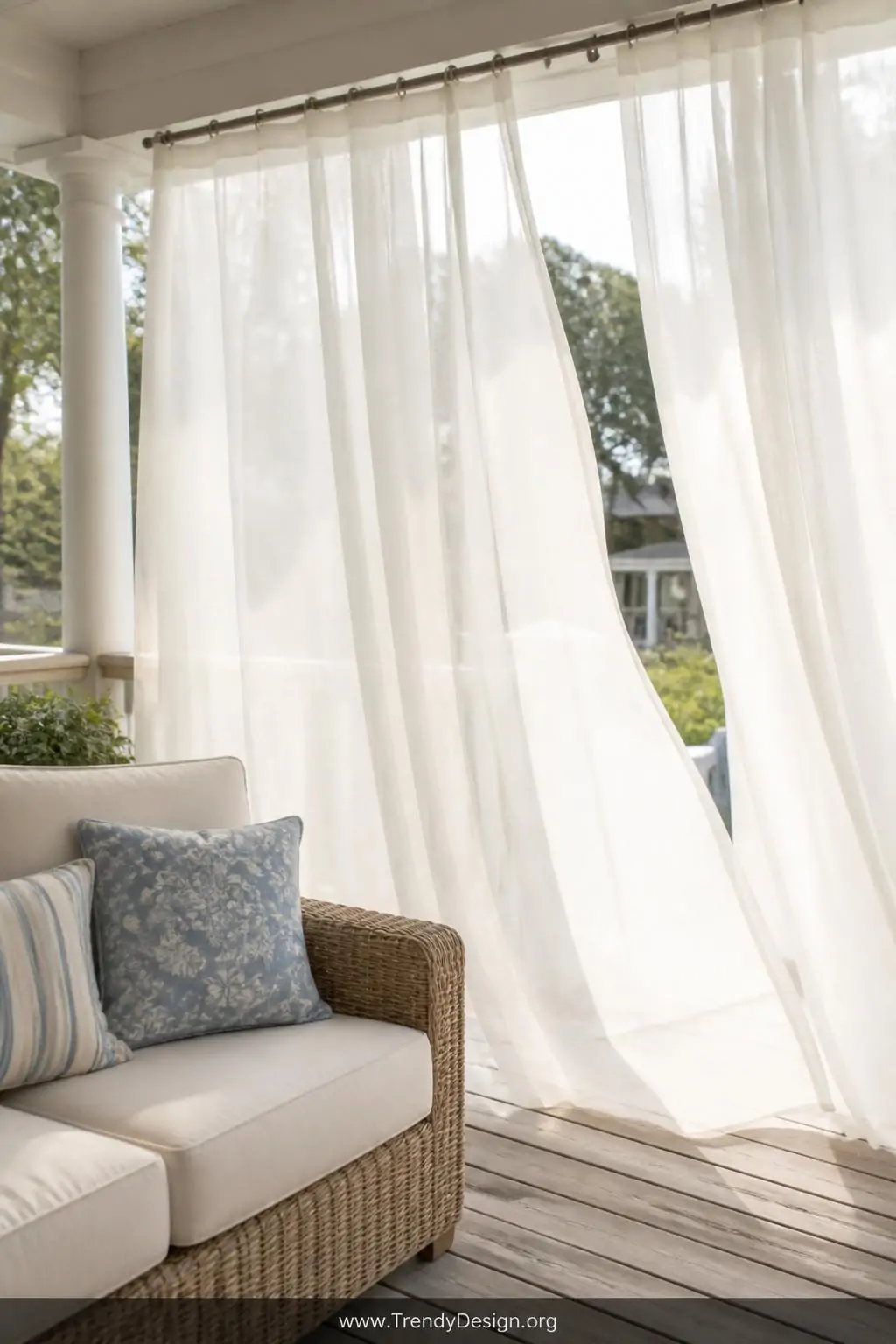 Sheer white Sunbrella outdoor curtains billowing gently on a breezy wraparound porch, warm diffused sunlight glowing through the translucent fabric, brushed nickel curtain rod mounted above a rattan loveseat with cream cushions, medium shot capturing the soft folds of fabric against weathered grey deck boards and a blurred garden beyond.