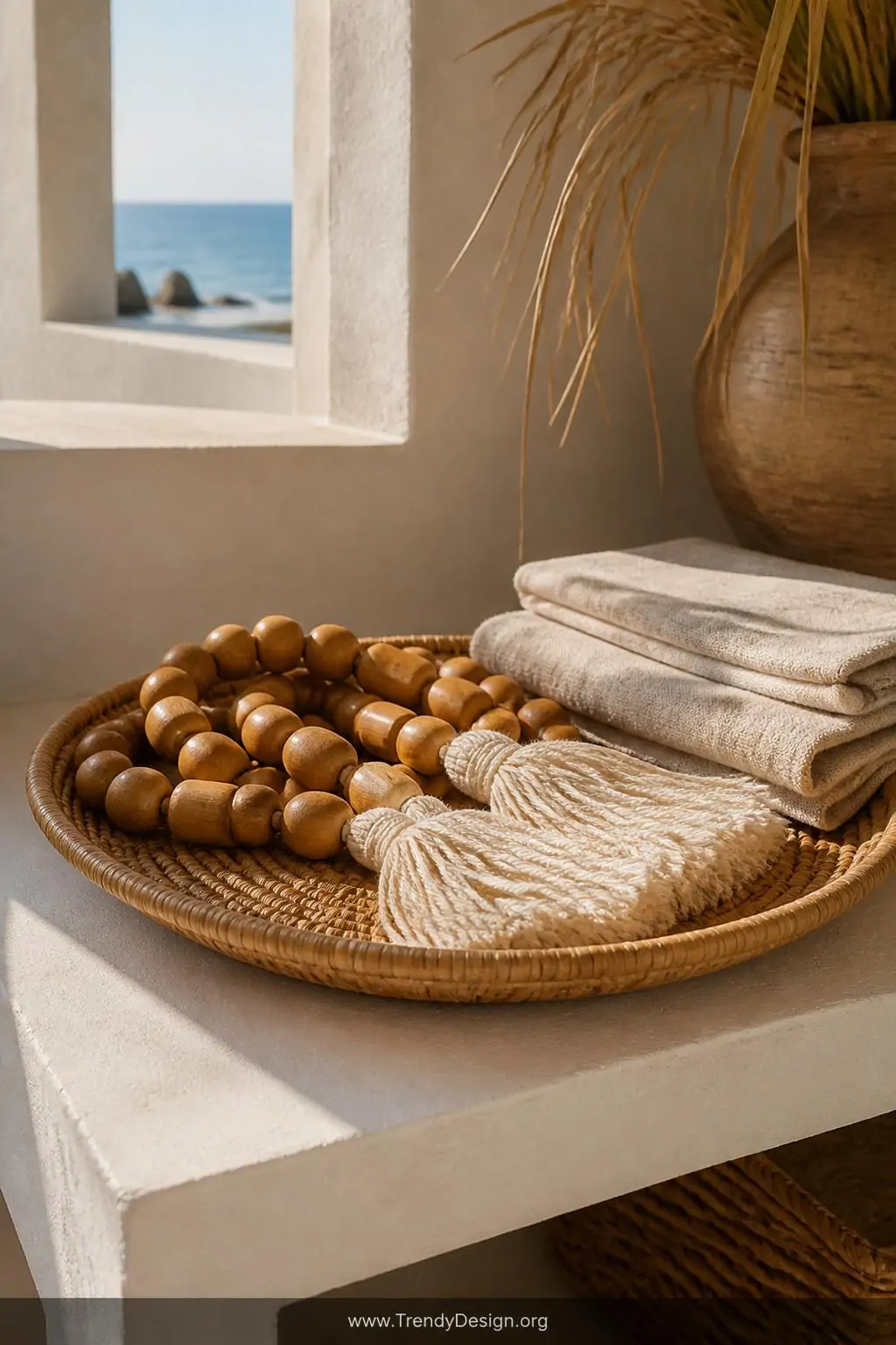 Round and barrel wooden beads in warm honey tones threaded above bundled silk thread tassels dyed in muted tea-stained ivory, displayed on a rattan tray beside folded linen fabric on a sun-washed coastal shelf, medium shot with warm natural light.
