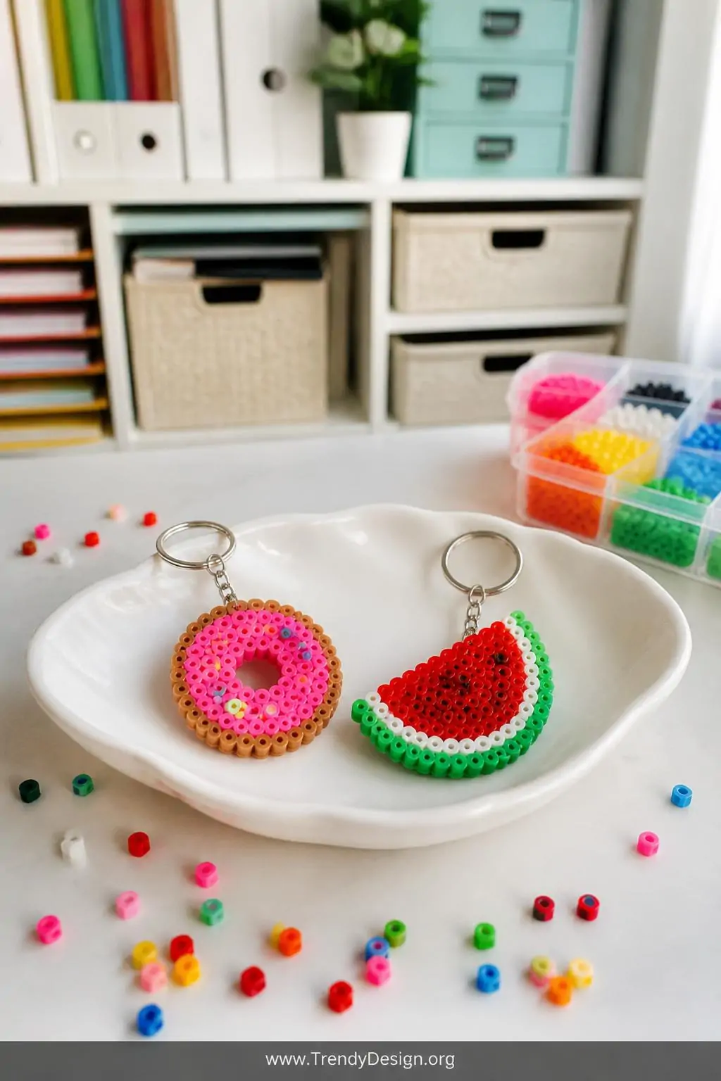 Tiny pink frosted donut and red watermelon slice Perler bead keychains arranged on a white ceramic dish beside scattered colorful beads, bright airy craft room, soft overhead light, medium shot