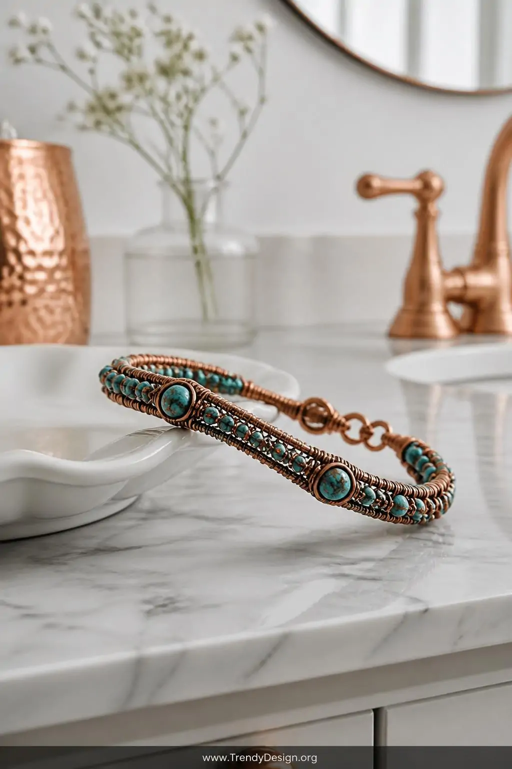 Turquoise and copper wire beaded bracelet draped over a white ceramic dish on a marble vanity surface, cool turquoise against warm metallic copper, soft diffused natural window light, medium shot