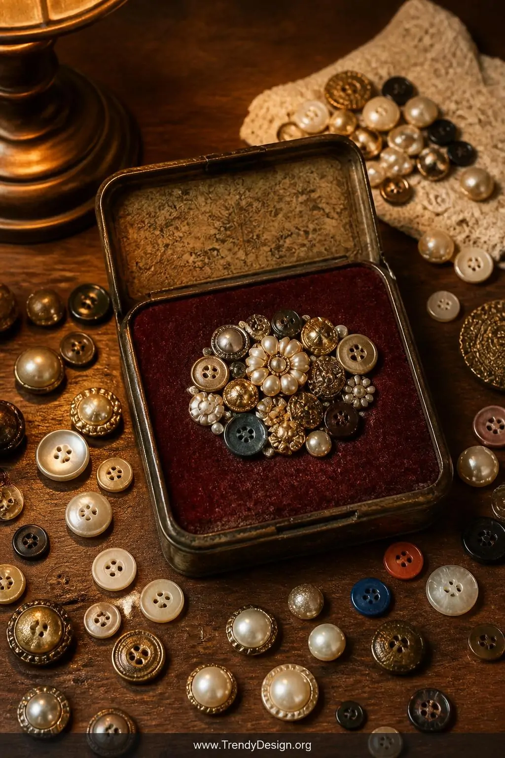 Vintage button cluster brooch arrangement on aged burgundy felt inside an antique tin surrounded by scattered pearl and colorful heirloom buttons on a dark walnut surface, warm amber lamplight, medium shot