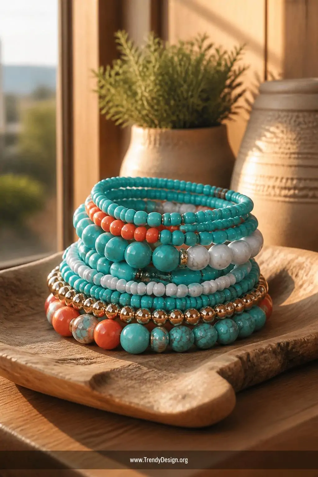 Layered turquoise bead bracelet stack featuring chunky and delicate seed bead versions alongside coral and white howlite accents arranged on a raw wood jewelry display tray, warm golden hour light streaming through a nearby window, medium shot showcasing varied 4mm to 10mm bead sizes and one metallic accent bracelet.