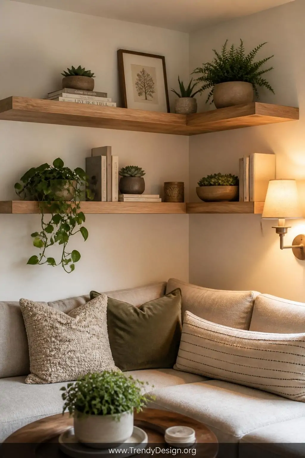 A medium-shot photorealistic interior of a small living room corner where two natural oak L-shaped floating shelves wrap the 