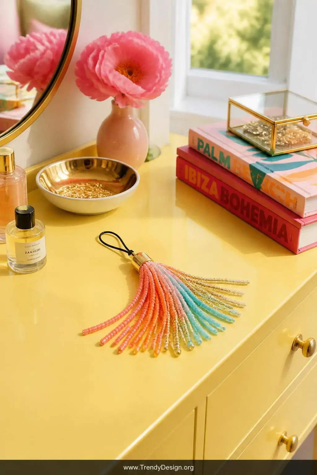 Colorful seed bead tassel phone charm in coral, orange, gold, and aqua strands fanned across a bright pastel yellow vanity tabletop with glossy finish, warm natural window light, medium shot