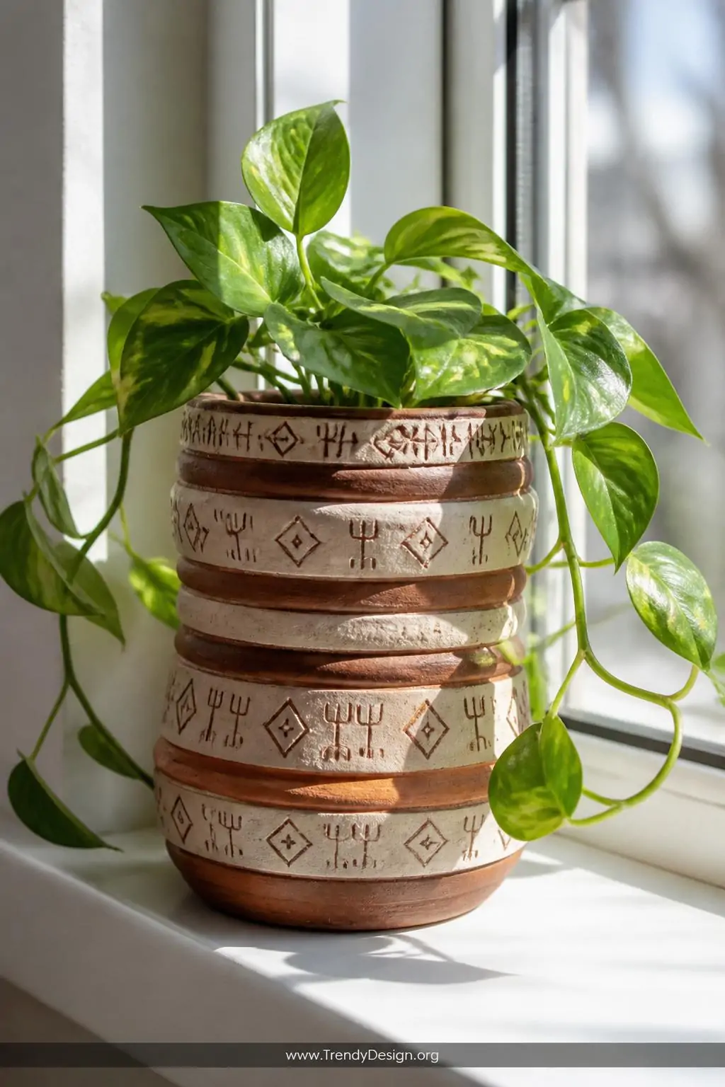 Geometric coil planter with alternating thick and thin striped clay bands and fork-pressed diamond patterns cradling a trailing pothos on a sunlit white windowsill, bright natural daylight, closeup