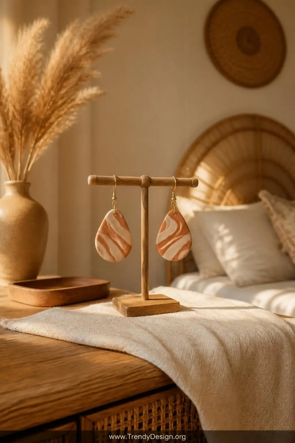 Freeform marbled teardrop clay dangle earrings in terracotta and cream swirls displayed hanging from a small wooden jewelry stand on a linen-draped bohemian bedroom dresser, warm amber afternoon light, wide shot with dried pampas grass and rattan accents in the background.
