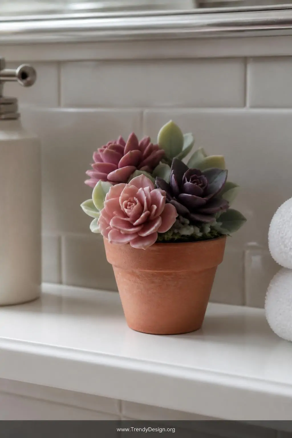 Polymer clay succulent flowers in dusty rose, sage green, and deep plum nestled inside a small terracotta pot on a white bathroom shelf, soft diffused light highlighting translucent outer leaves and muted blended tones, closeup shot.