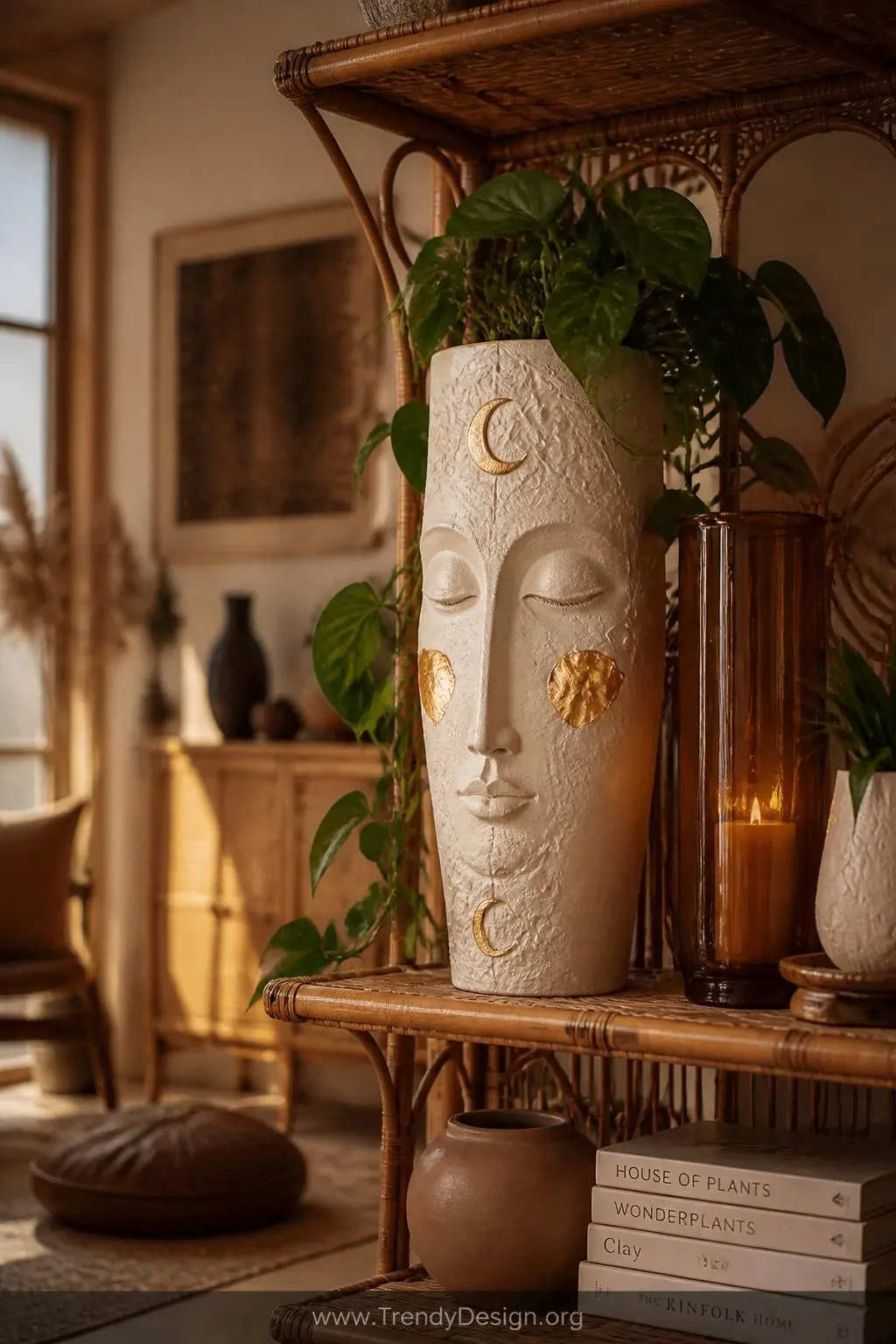 Elongated boho goddess face planter with closed eyes and lace-pressed textured surface, crescent moon reliefs, and gold-painted cheekbones displayed on a rattan shelf in a moody bohemian living room, warm amber candlelight flickering nearby, terracotta and cream tones, medium shot.