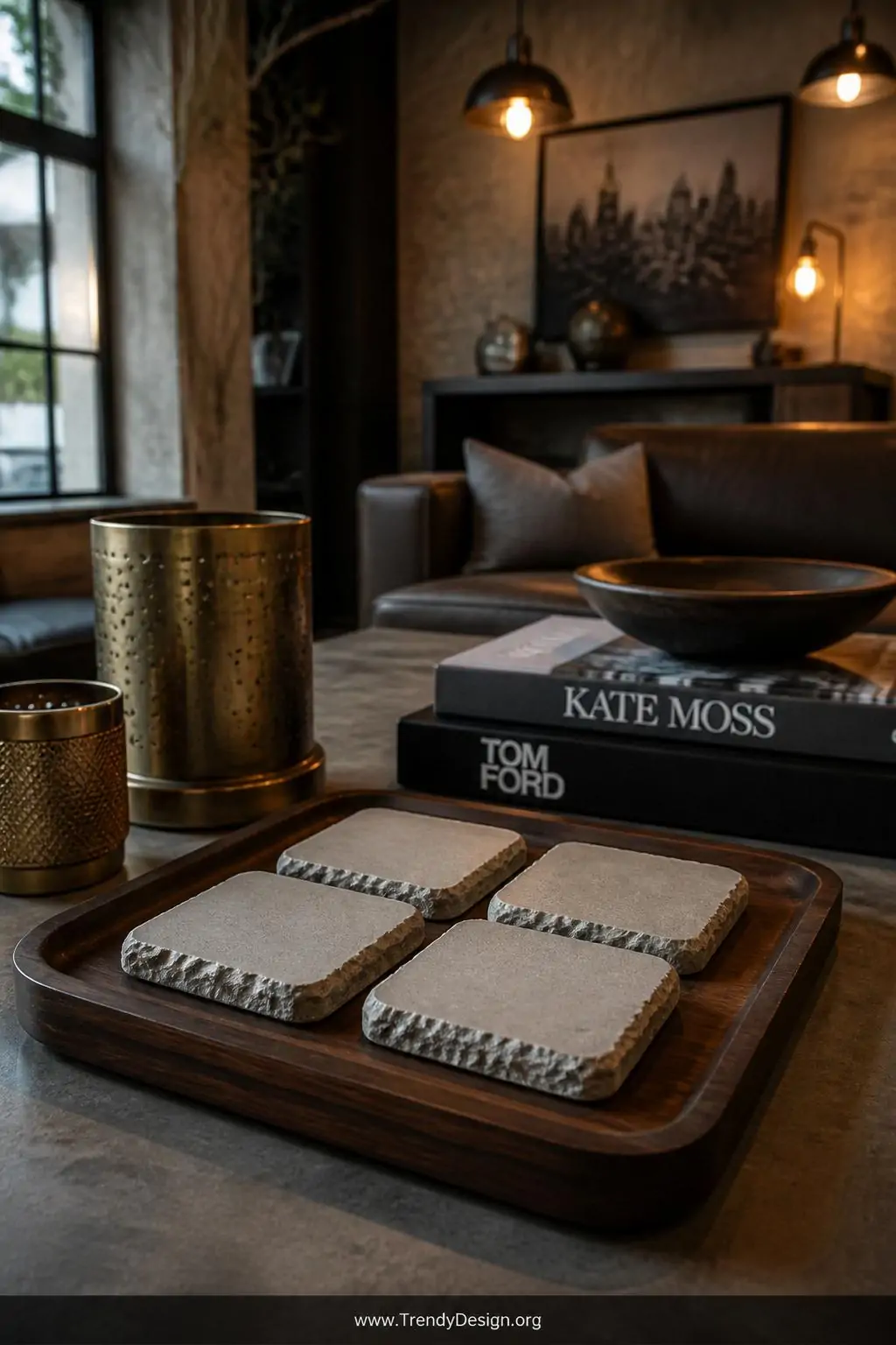 Set of four raw-edged square concrete coasters grouped on a dark walnut wooden tray beside brass candle holders and stacked coffee table books on an industrial-style living room table, warm ambient pendant lighting, medium shot capturing rough chipped edges against the smooth tops.