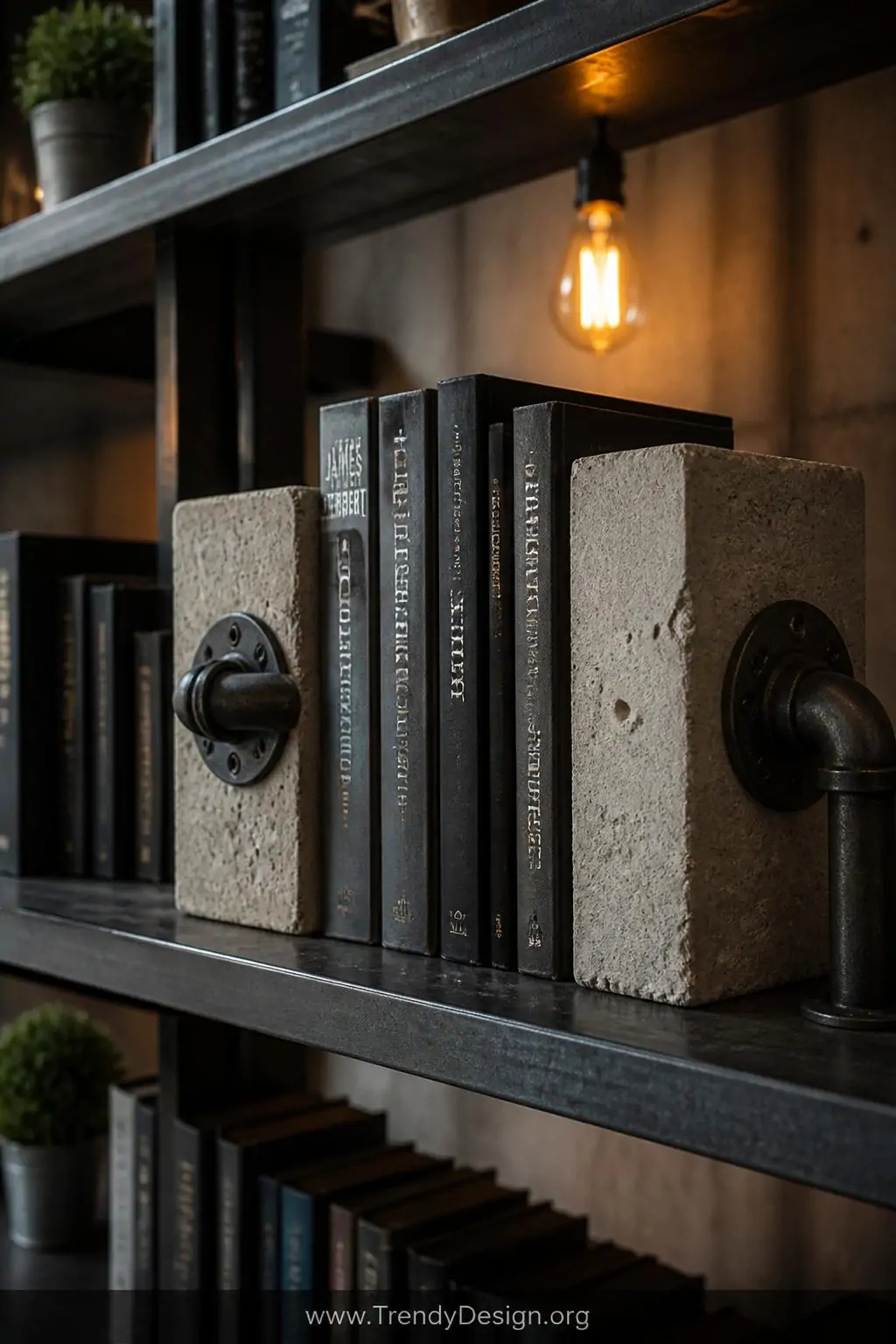 Industrial concrete bookends with embedded black iron pipes running through the center blocks holding dark-spined books on a raw steel shelf, urban loft library with Edison bulb pendant lighting casting warm amber glow, closeup shot revealing the dramatic raw concrete texture contrasting against the matte dark metal pipe surface.