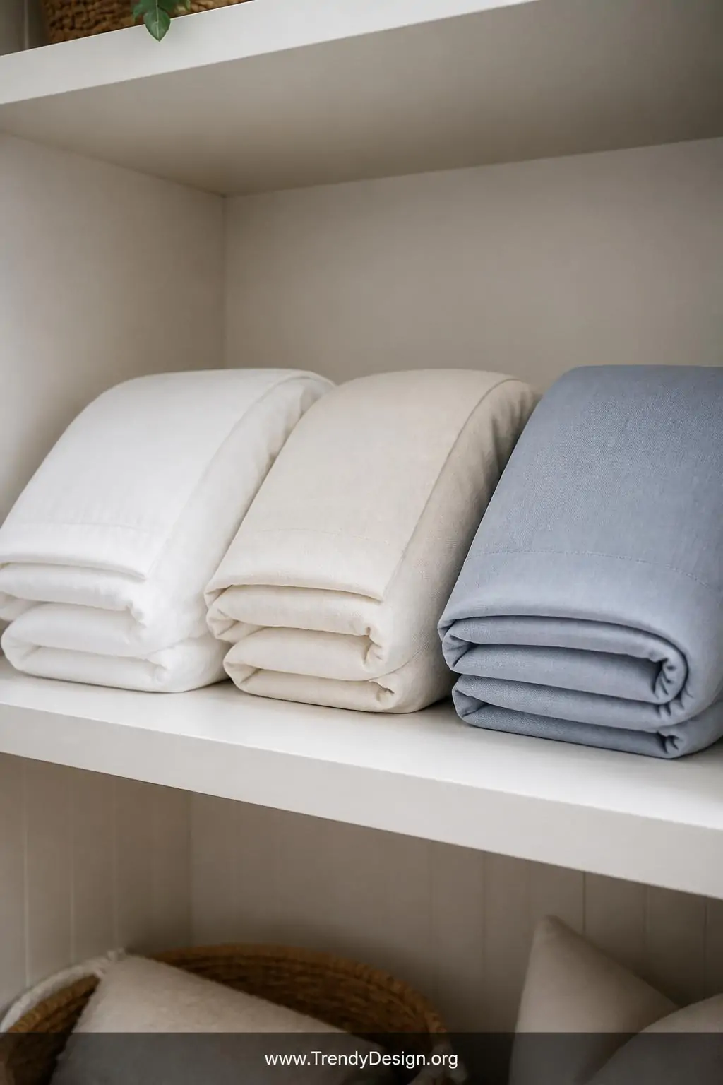 Medium closeup shot of a single closet shelf displaying three plump pillowcase bundles in soft white cotton, ivory linen, and
