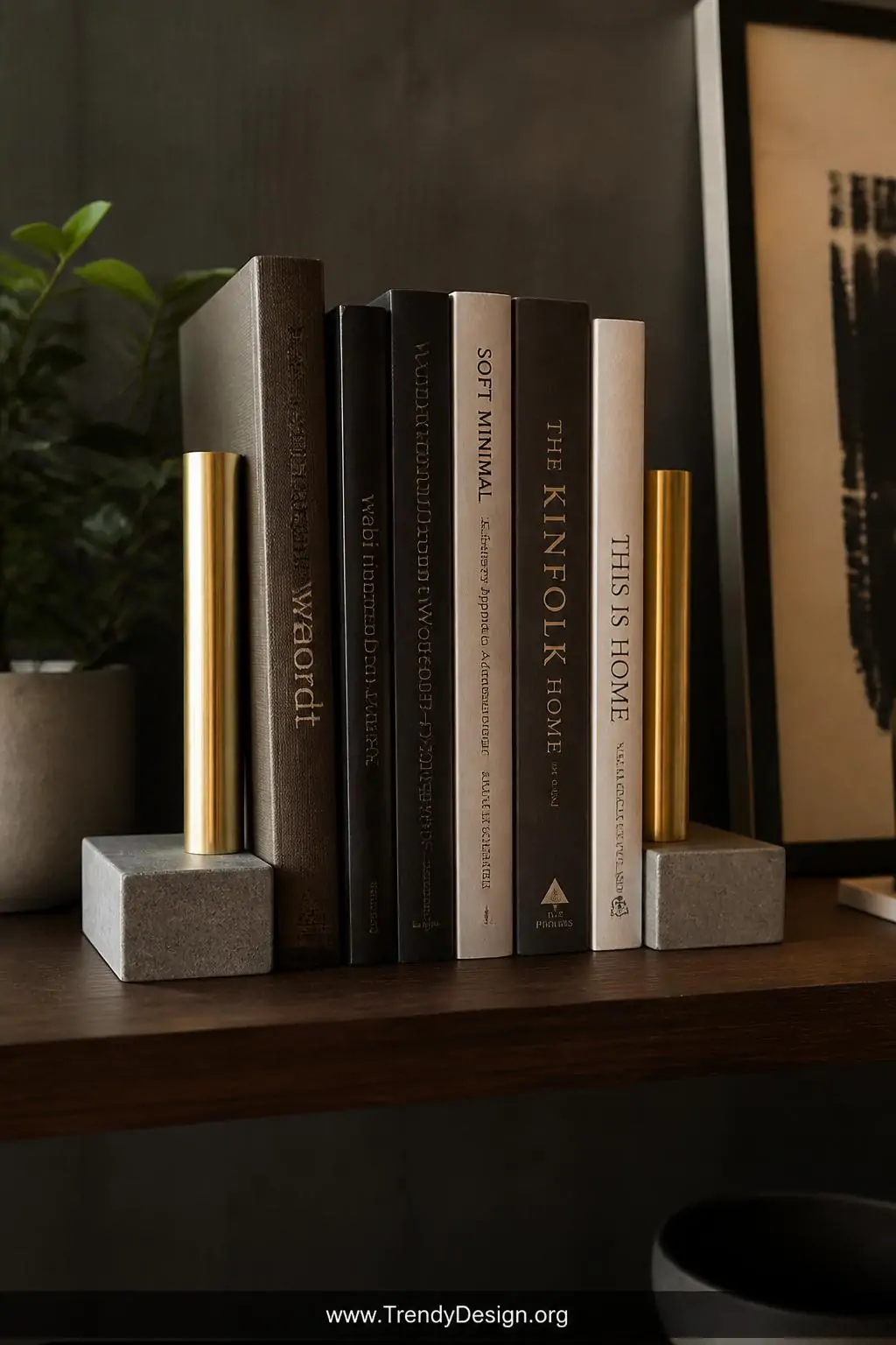 Concrete bookends with upright golden brass rods embedded at clean vertical angles holding art books on a dark walnut floating shelf, modern luxury home office, closeup shot, directional warm light catching the gleaming brass against the cool gray concrete surface.