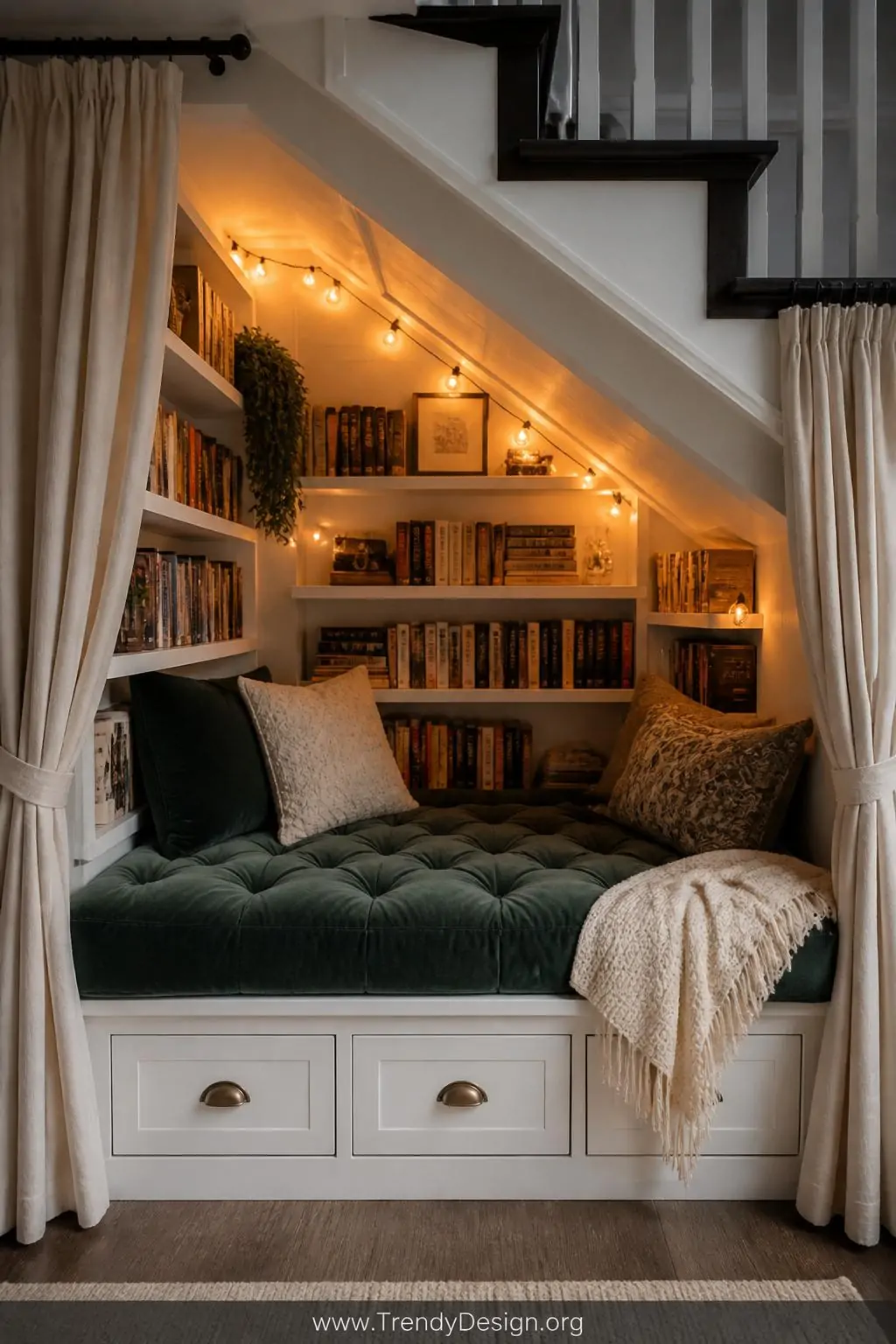 Medium photorealistic interior shot of an enchanting under-stair reading nook with a thick tufted velvet cushion in deep fore