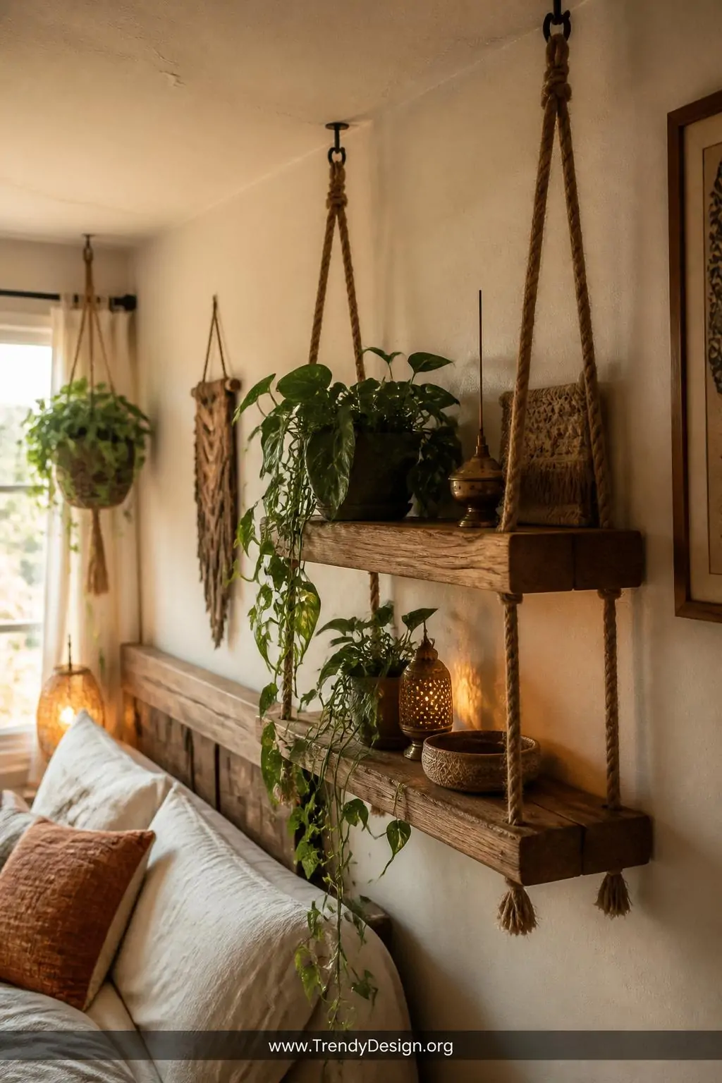 A medium-shot photorealistic interior of a sun-drenched bohemian bedroom corner where two suspended wooden planks hang from t