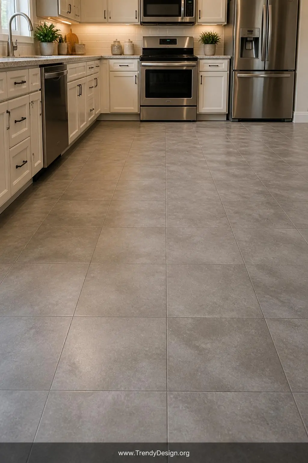Medium photorealistic shot of a kitchen floor covered in newly installed peel-and-stick vinyl tiles mimicking warm gray cemen