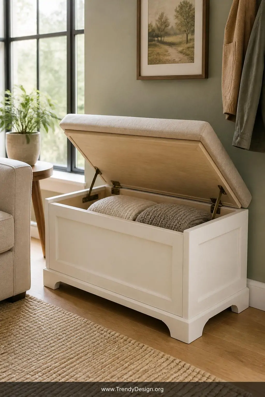 Medium shot of a cozy living room corner showcasing a pine storage bench with a hinged lid topped by a thick linen cushion in