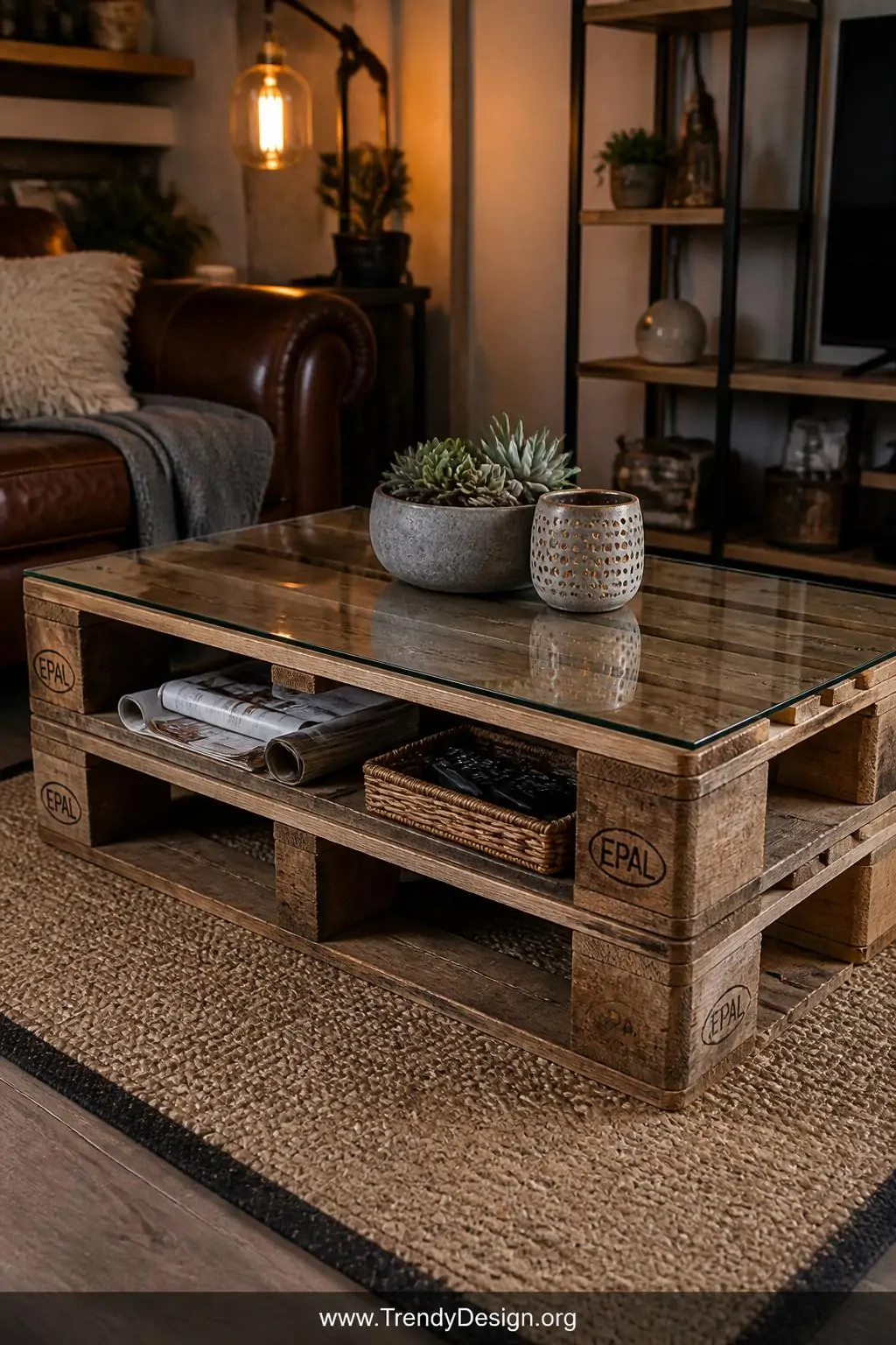 Medium shot of a rustic living room pallet coffee table centered on a jute area rug, constructed from two weathered wood pall