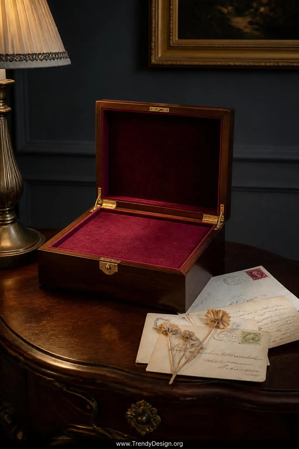 A medium-shot photorealistic interior of a polished mahogany side table displaying an open hinged keepsake box with smooth wo