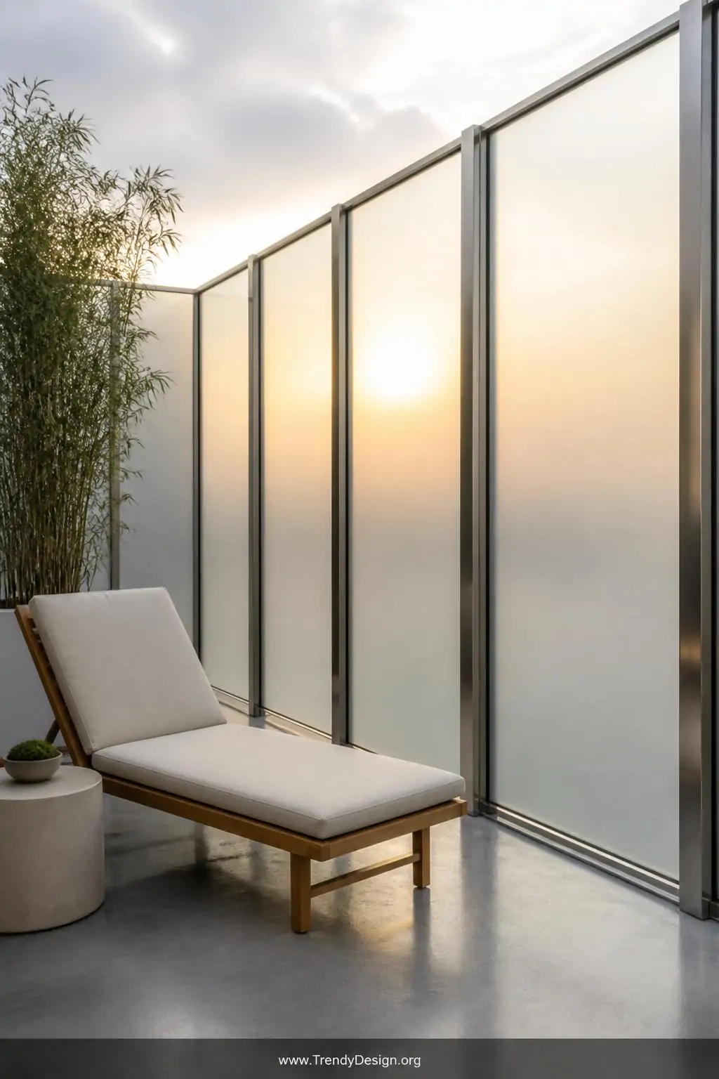 A medium-shot of a sleek outdoor deck enclosed by floor-to-ceiling frosted tempered glass panels framed in brushed stainless