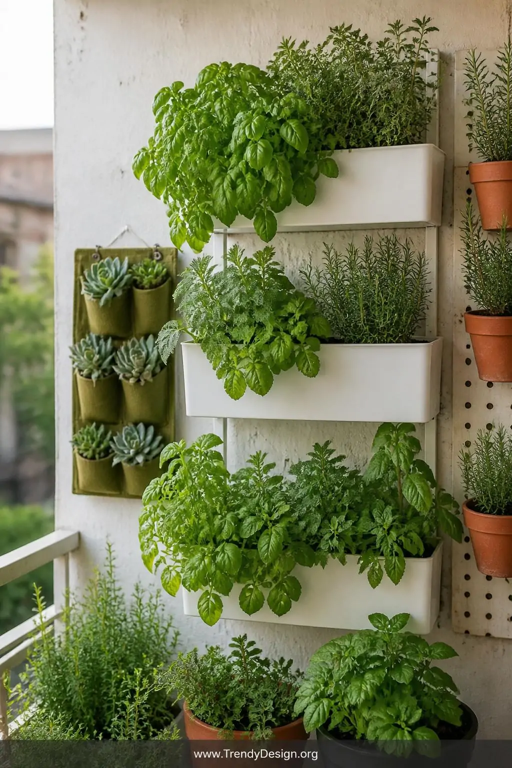 Medium shot of a lush vertical garden wall on a small apartment balcony featuring a tiered white wall-mounted planter system 