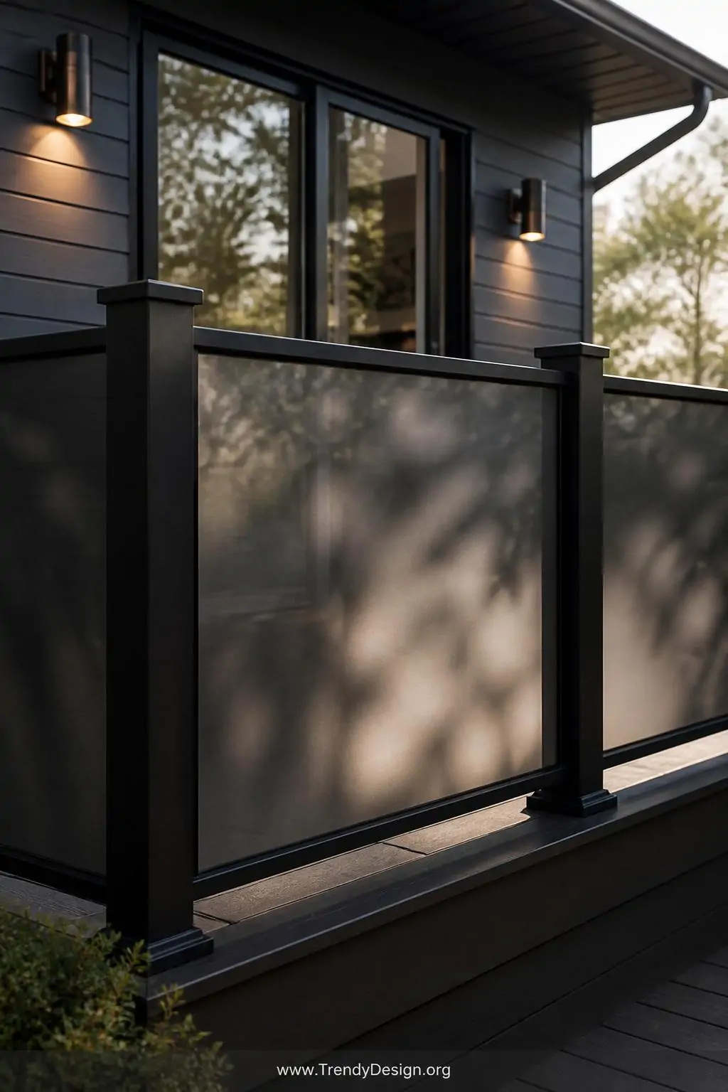 Medium-shot photorealistic image of a contemporary deck railing system with smoke-gray tinted plexiglass panels framed in mat