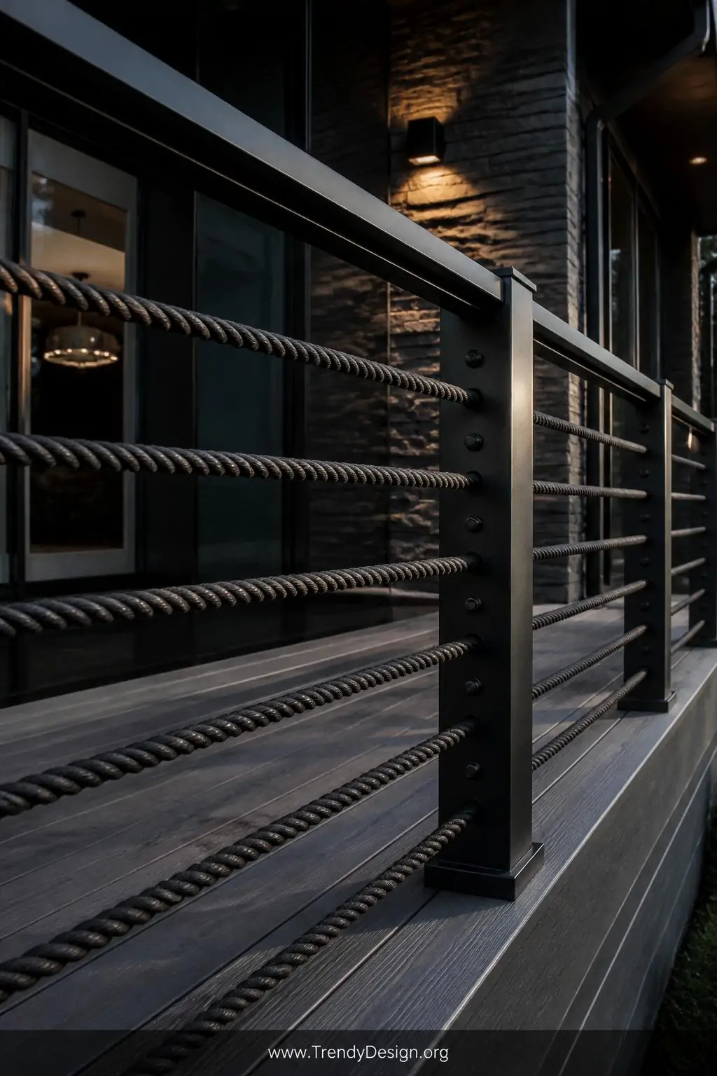 Medium photorealistic shot of a sophisticated modern deck railing system showcasing charcoal twisted synthetic polyester rope