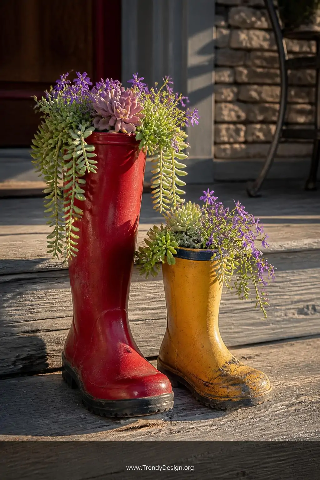 A close-up shot of two mismatched rubber boots — one tall cherry-red and one short mustard-yellow with scuffed toes — sitting