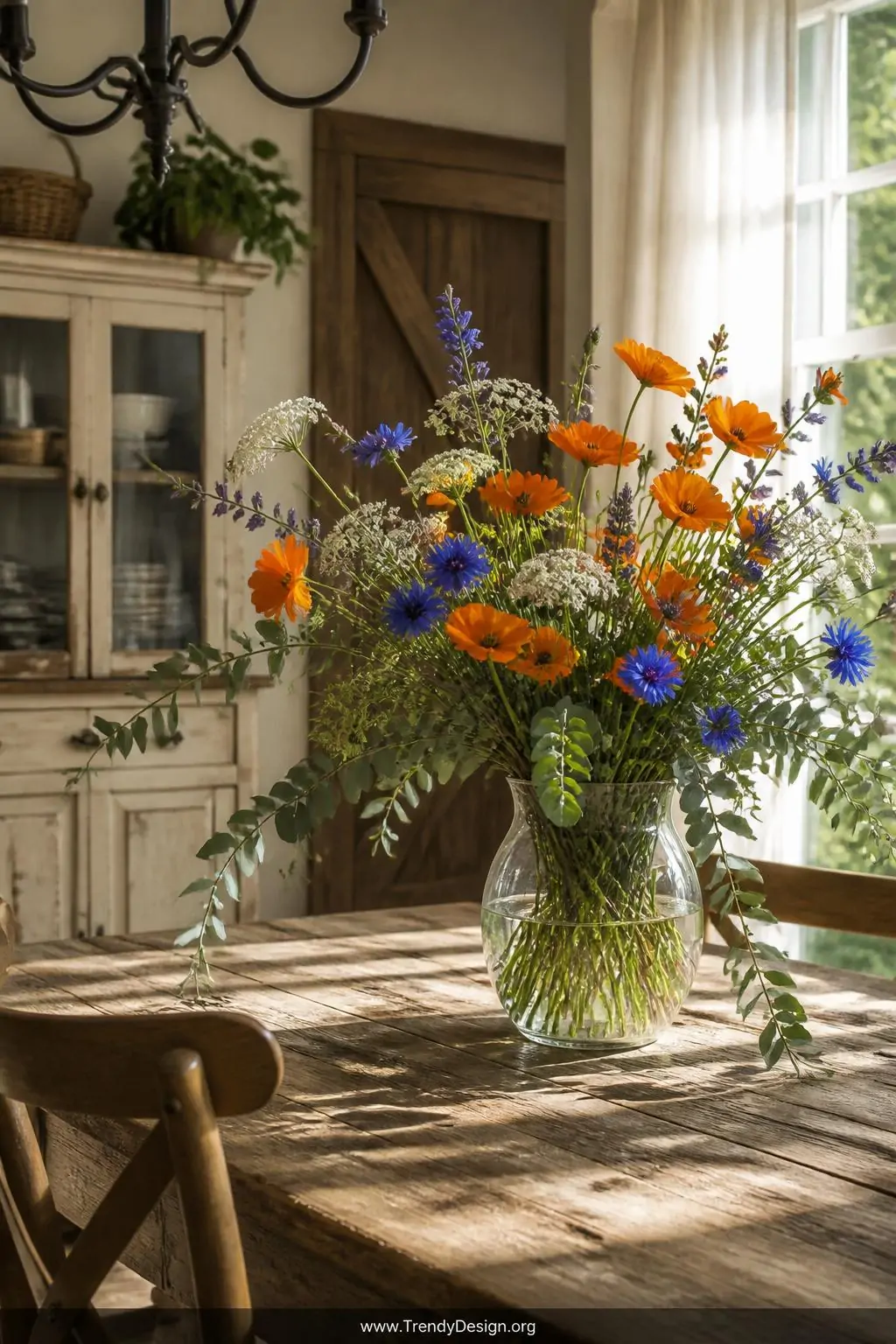 A medium-angle photorealistic interior shot of a bright farmhouse dining table surface displaying a clear glass vase filled w