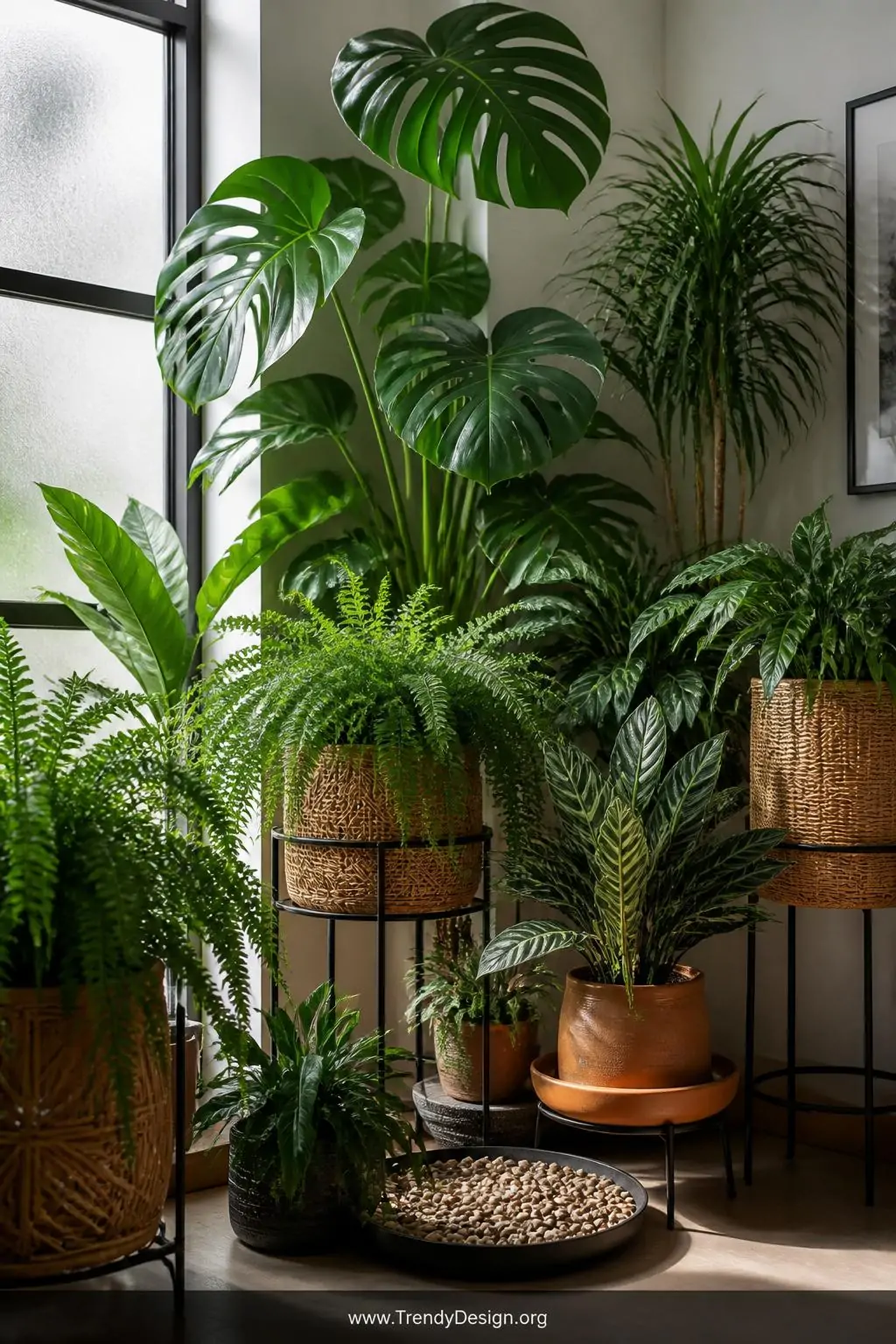 A photorealistic medium shot of a richly layered indoor jungle corner where a tall Monstera anchors a curated cluster of trop