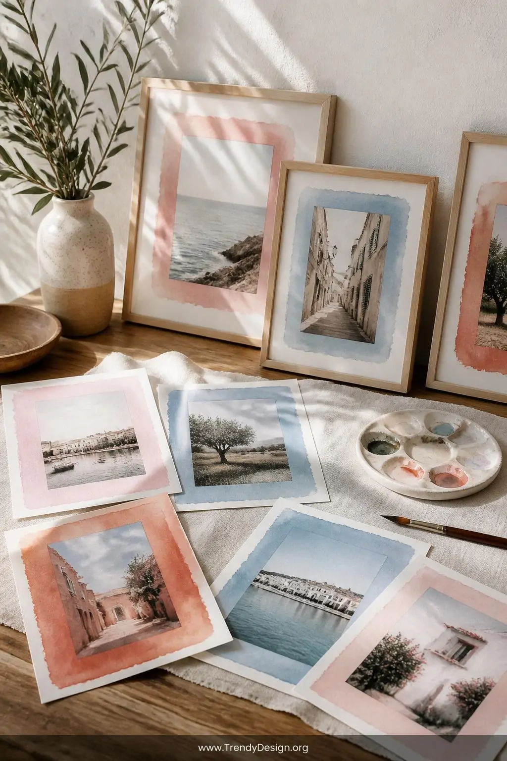 A medium shot of a sunlit wooden desk surface where matte-printed photo cards with loose watercolor borders in blush pink, du