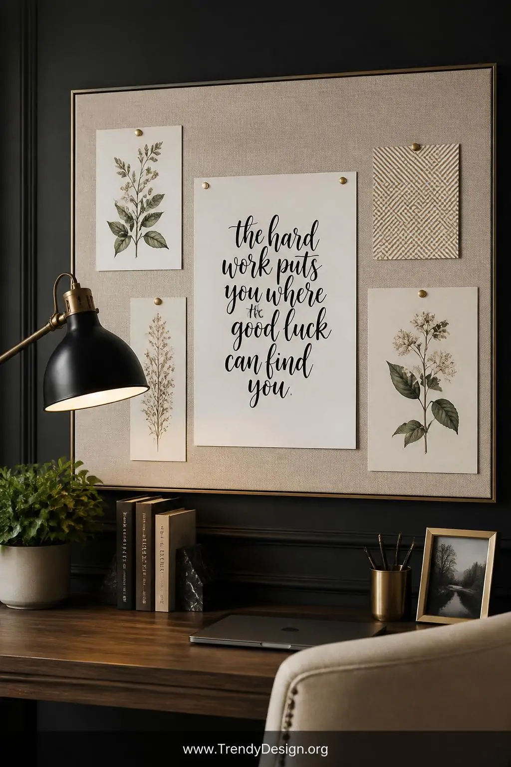 A medium photorealistic shot of a sophisticated home office bulletin board covered in warm ivory linen fabric, featuring one 