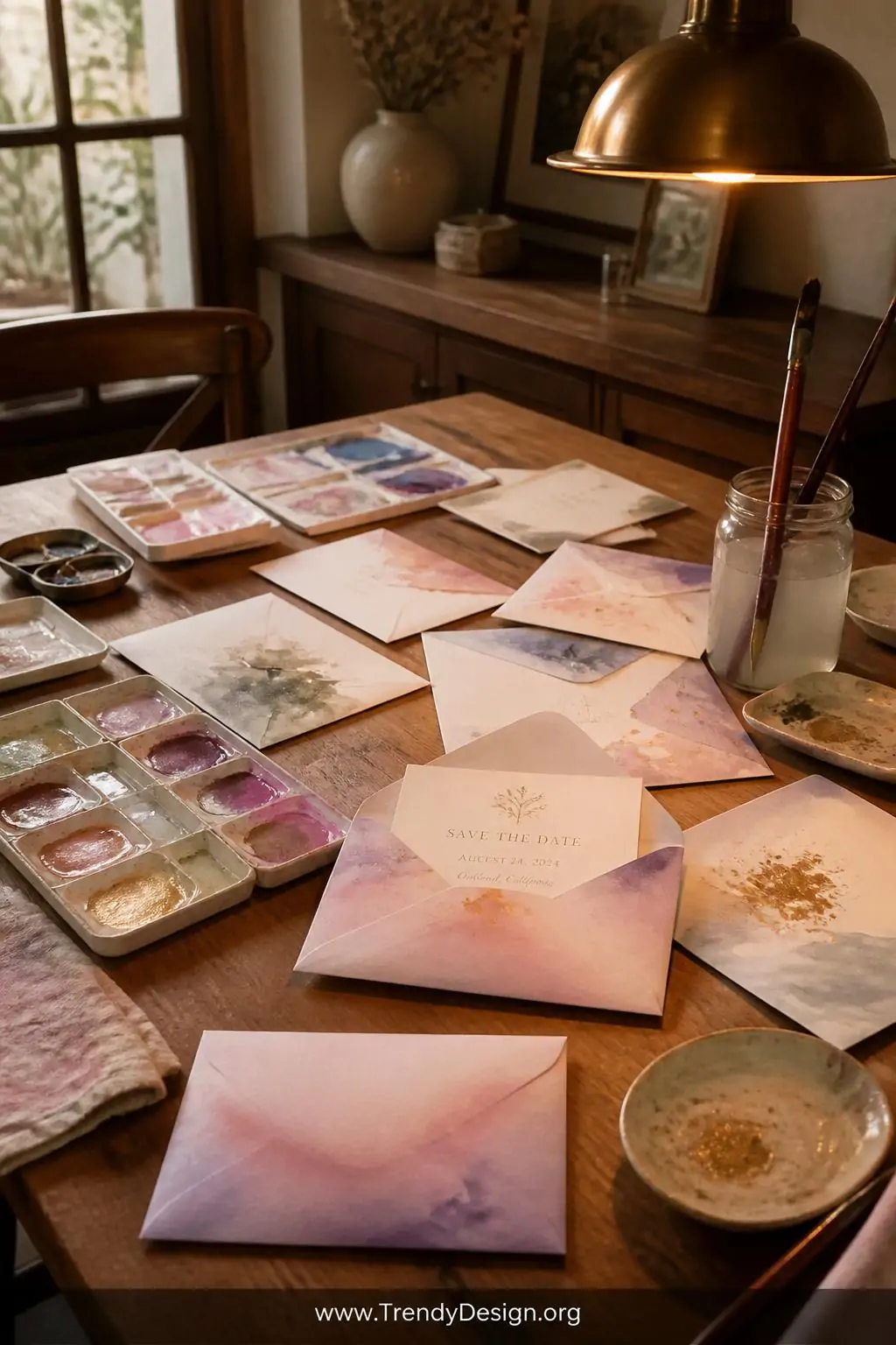 Wide shot of a rustic wooden writing desk scattered with open watercolor paint palettes in blush pink, dusty lavender, sage g