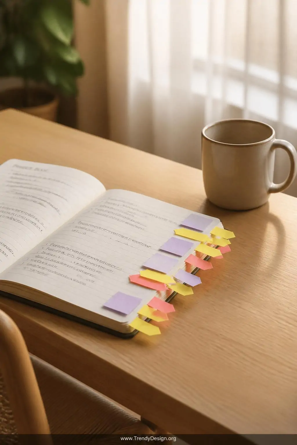 A medium shot of a open notebook resting on a light oak wooden desk beside a ceramic mug, vibrant neon yellow and coral arrow