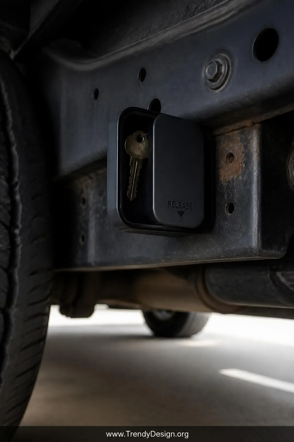 A dramatic closeup shot beneath a dark charcoal steel vehicle frame, a compact matte-black weatherproof magnetic key box grip