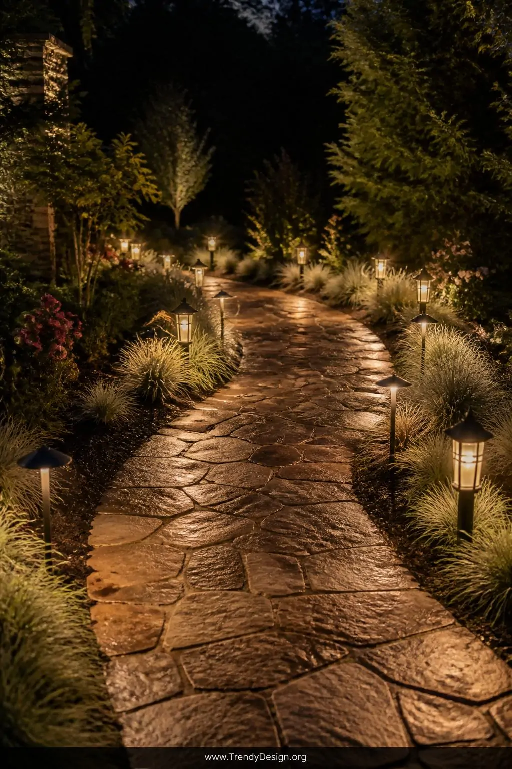 A medium photorealistic shot of a curved garden flagstone pathway at night bordered by alternating lantern-style and mushroom