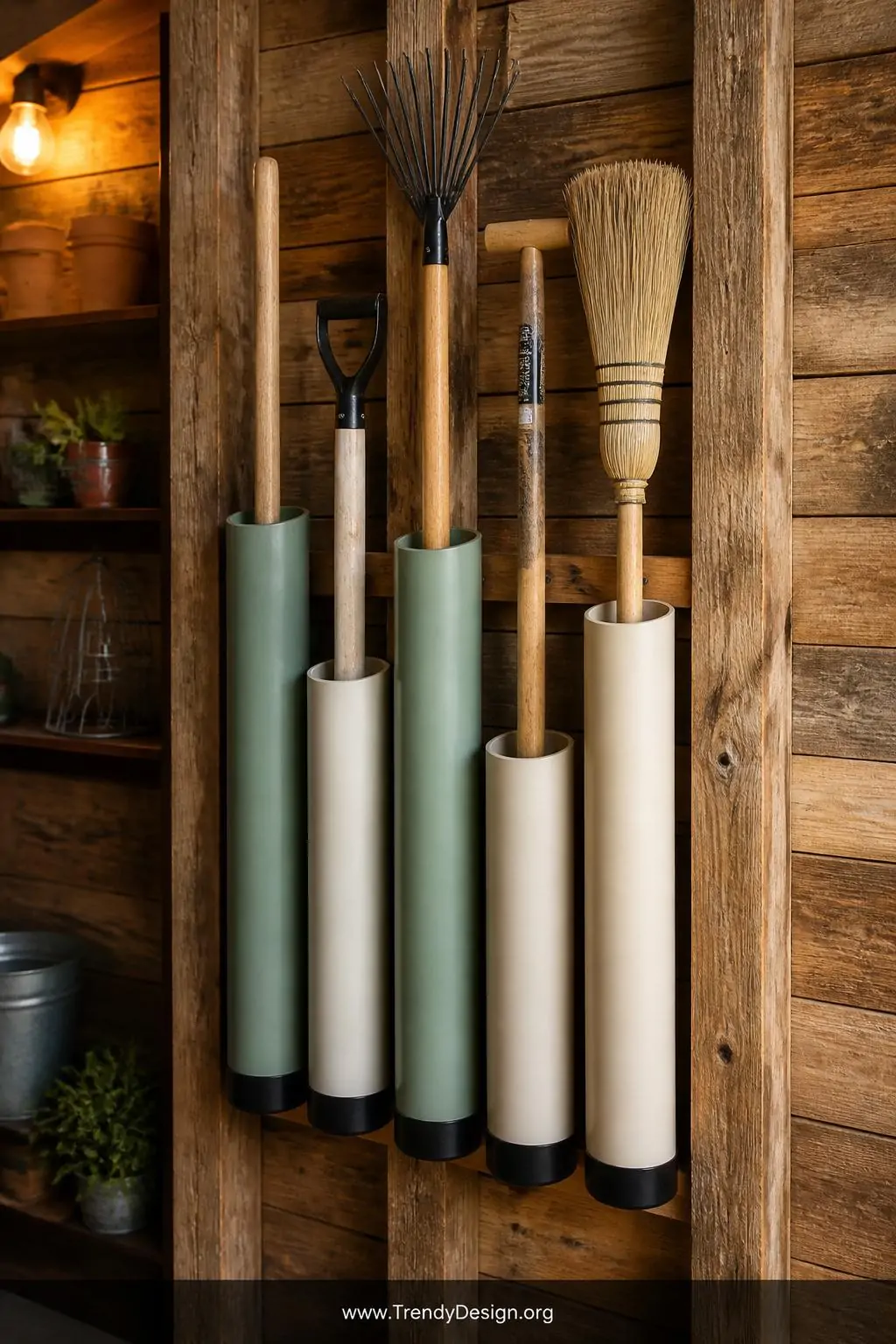 A medium photorealistic shot of a rustic shed wall displaying a vertical bundle of white PVC pipes of varying diameters paint