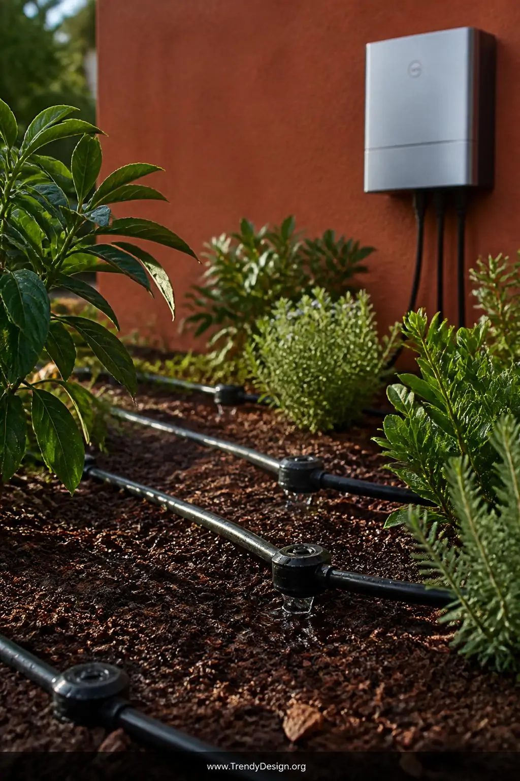 Medium closeup photorealistic shot of a precisely installed drip irrigation system weaving through dark moist garden soil bet