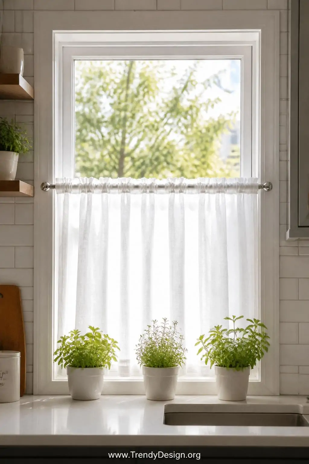 Medium closeup of a charming street-facing kitchen window where a hemmed white sheer panel hangs from a polished tension rod