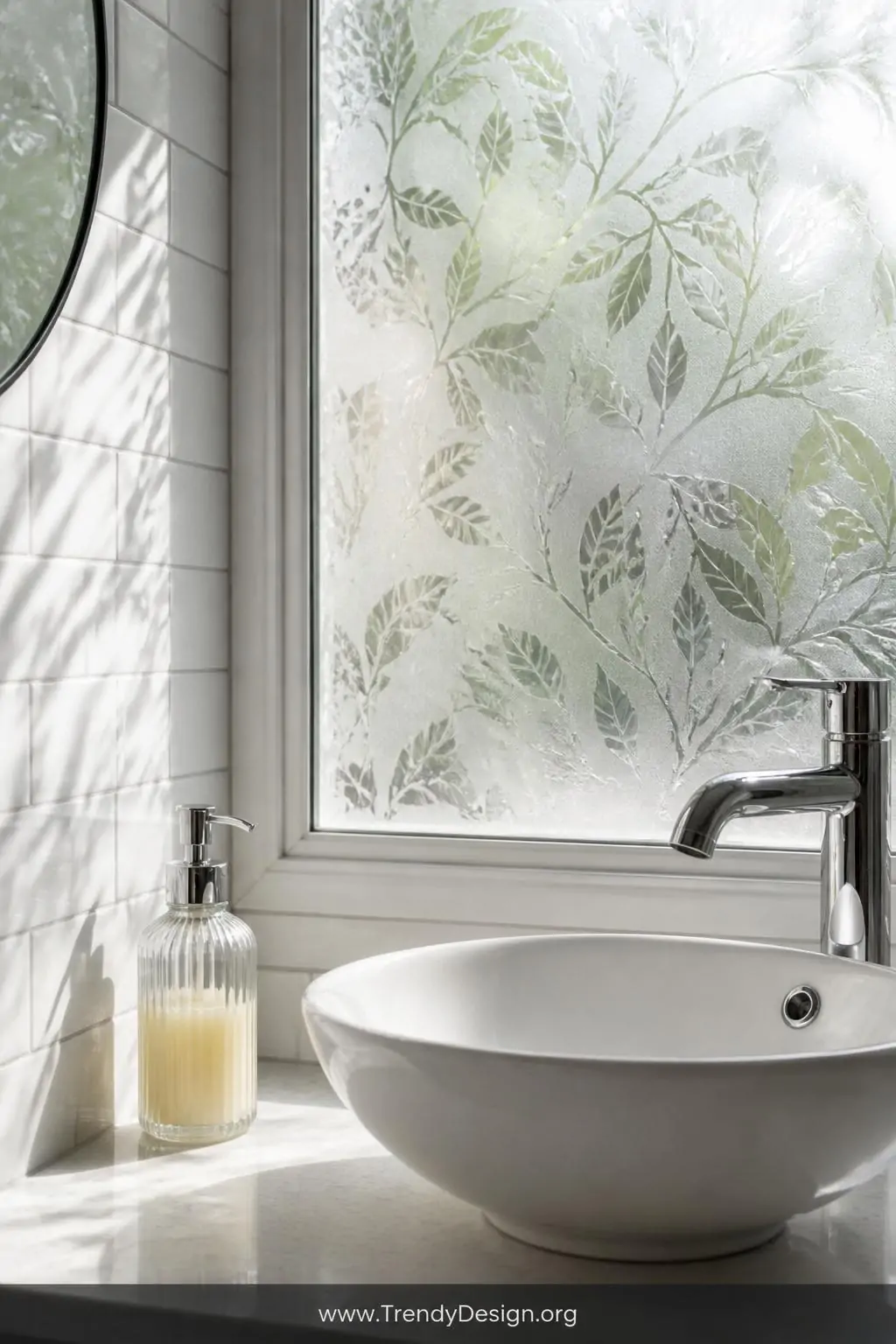Close-up shot of a bathroom window pane covered in an elegant botanical-patterned frosted film, soft diffused natural dayligh