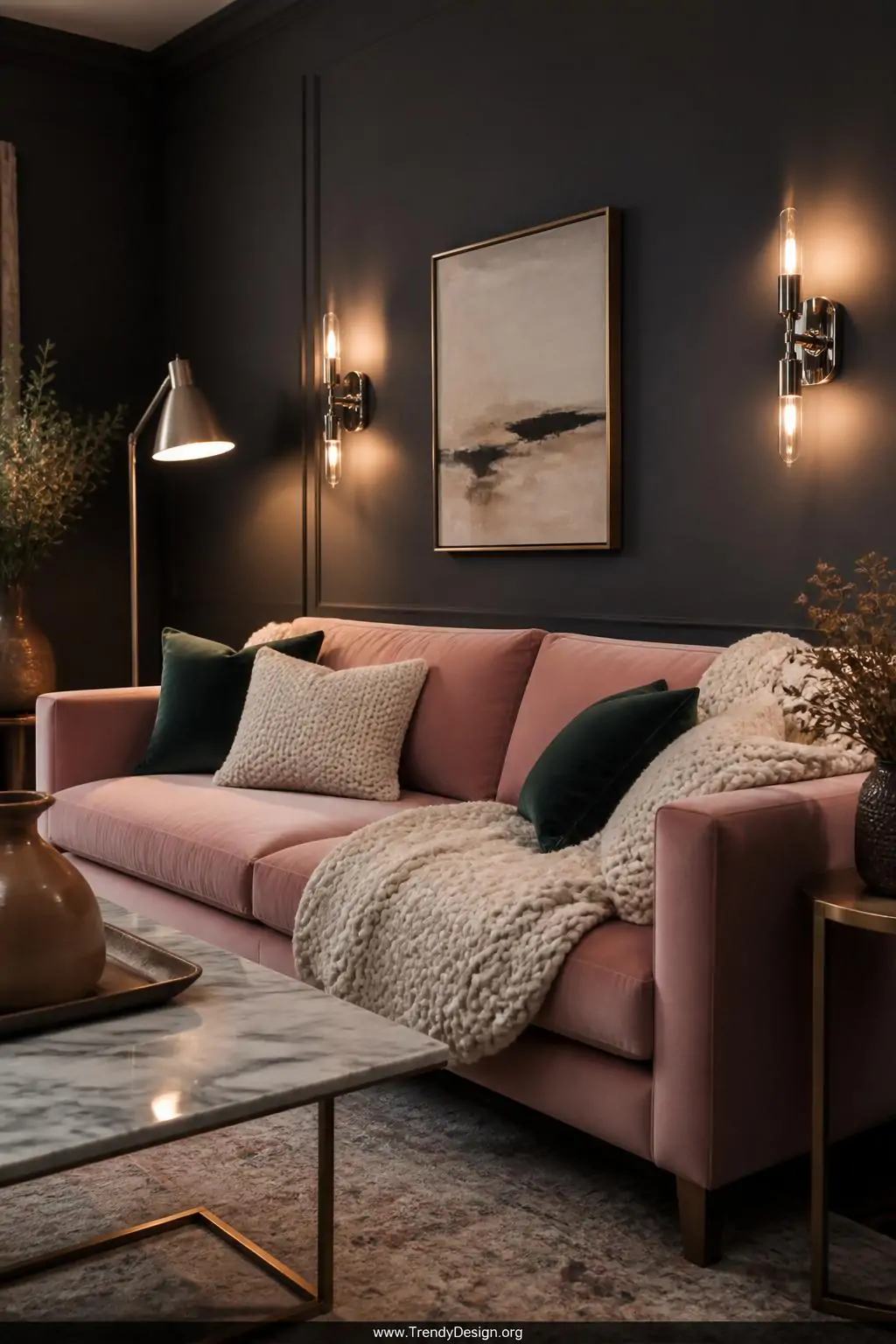 Medium shot of a modern living room with deep charcoal gray walls absorbing soft layered light from multiple chrome sconces a