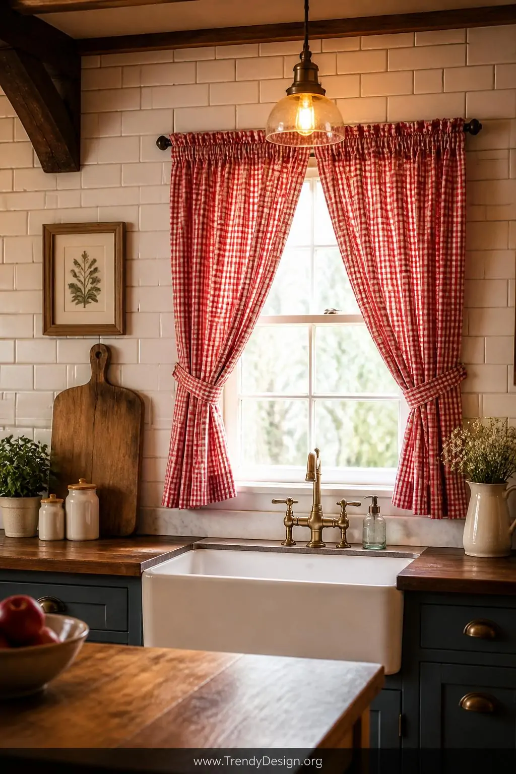Photorealistic medium-shot of a cottage kitchen window dressed in small-scale red and white gingham curtains with crisp fine 