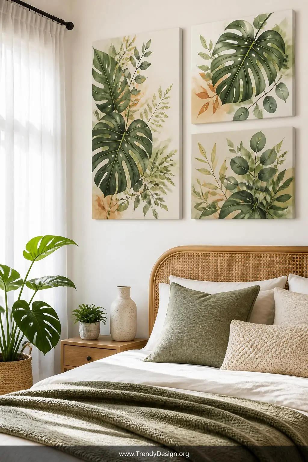 Medium shot of a bright airy bedroom corner where three botanical canvas paintings hang in a gallery wall arrangement, each f