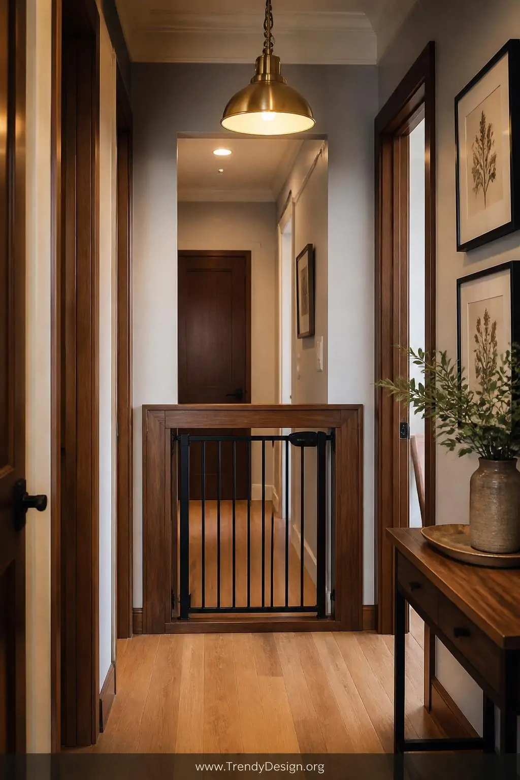 A beautifully styled hallway with soft greige walls and crisp white trim, a black metal pressure-mounted baby gate encased in