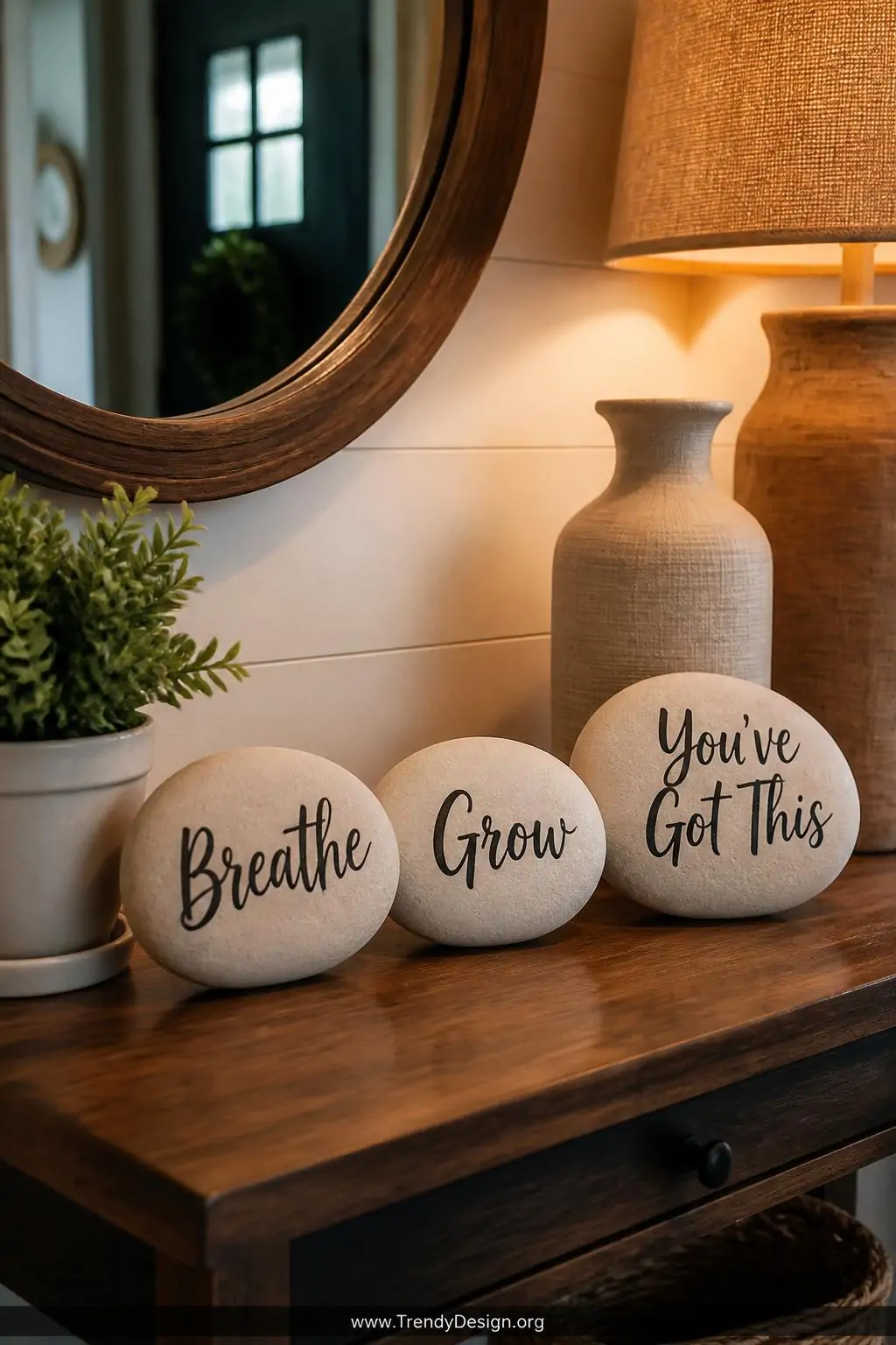 A medium shot of a styled entryway console table displaying three smooth painted rocks with cream backgrounds and hand-letter