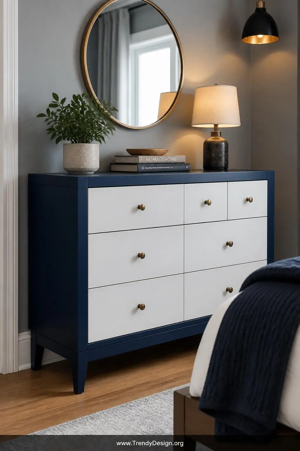 A medium-shot photorealistic interior design image of a bold two-tone color-blocked dresser with a deep navy body and crisp b