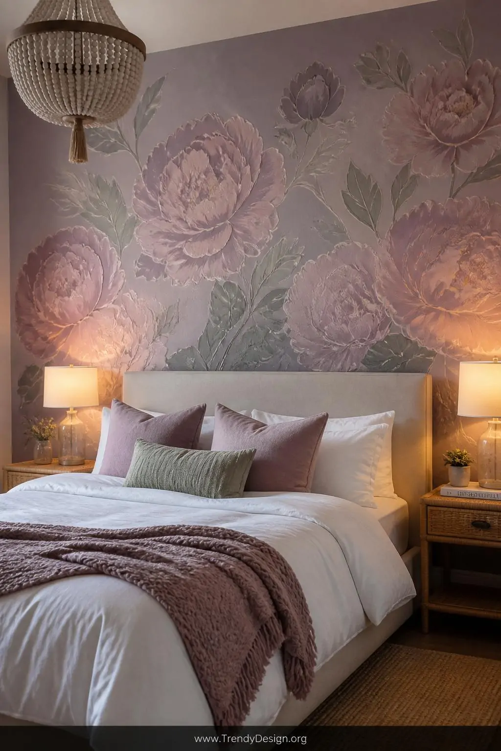 A medium-shot photorealistic bedroom interior showcasing a full floral stencil accent wall behind a linen upholstered bed wit