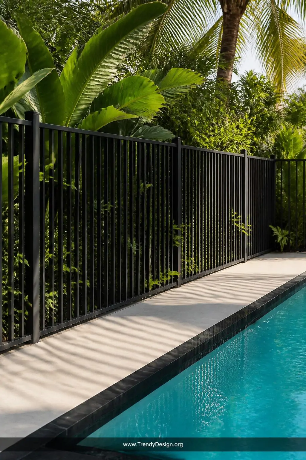 Medium photorealistic shot of a resort-style pool enclosure featuring matte black powder-coated aluminum vertical picket fenc