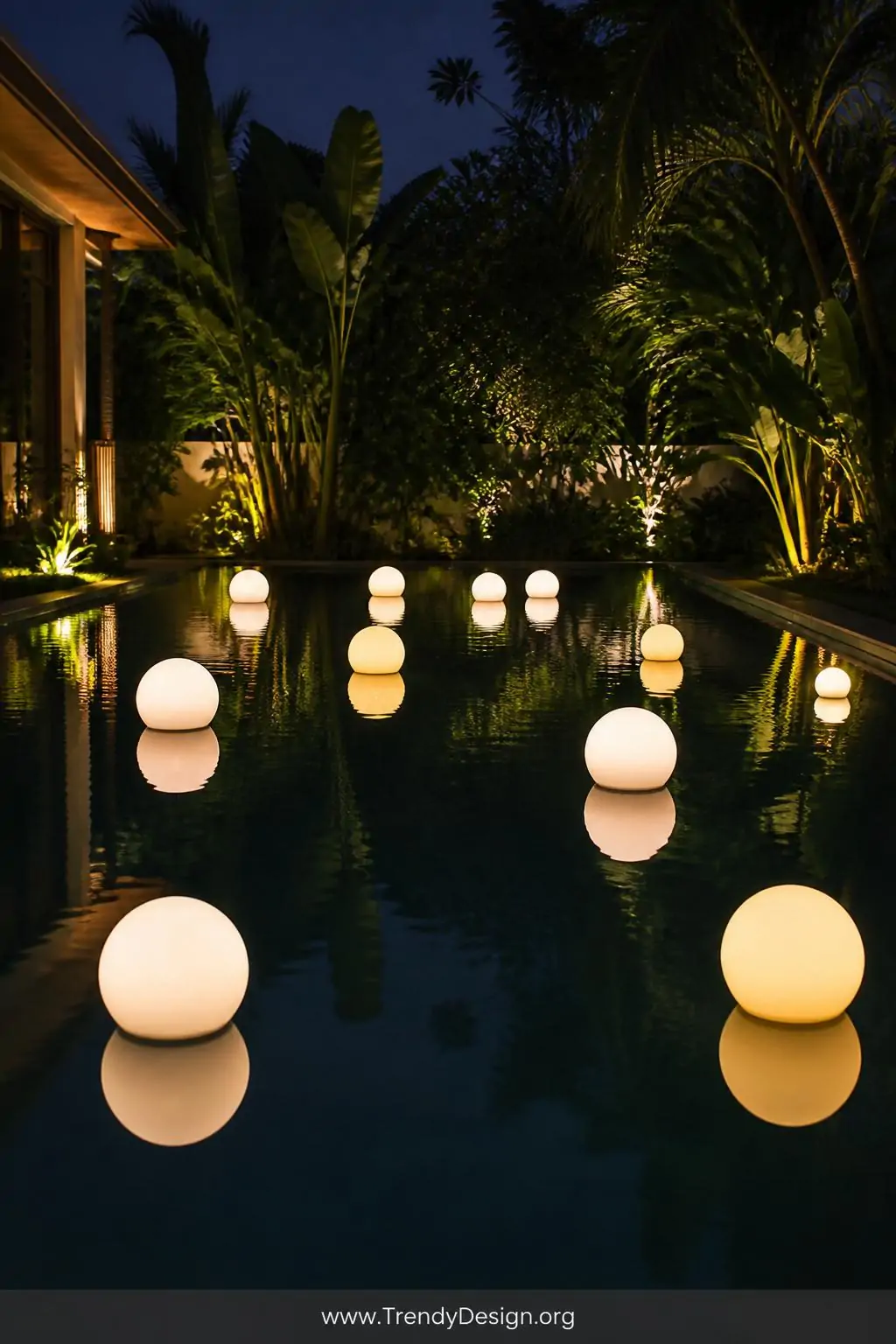 Medium photorealistic shot of a calm backyard pool at night with a dozen frosted glass orb-shaped solar lanterns floating laz