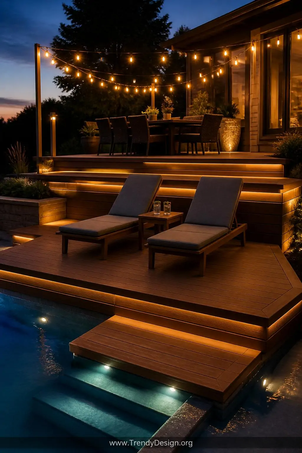 Medium photorealistic shot of a dramatic multi-level above ground pool deck at dusk, lower cedar-toned composite level steppi